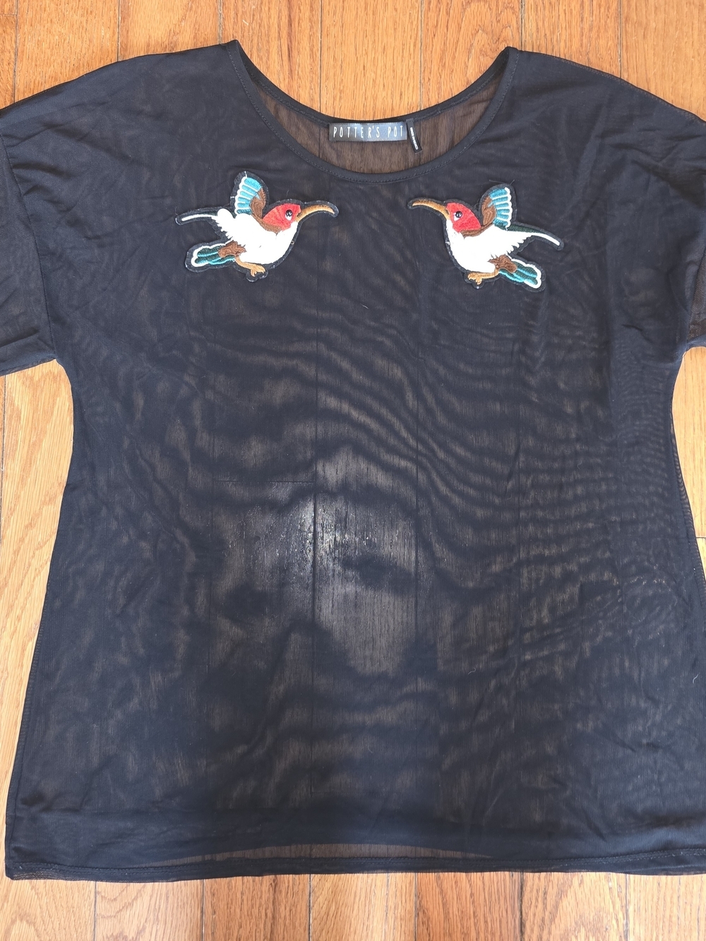 Potter's Pot Black Short Sleeve Tee with Embroidered Hummingbirds